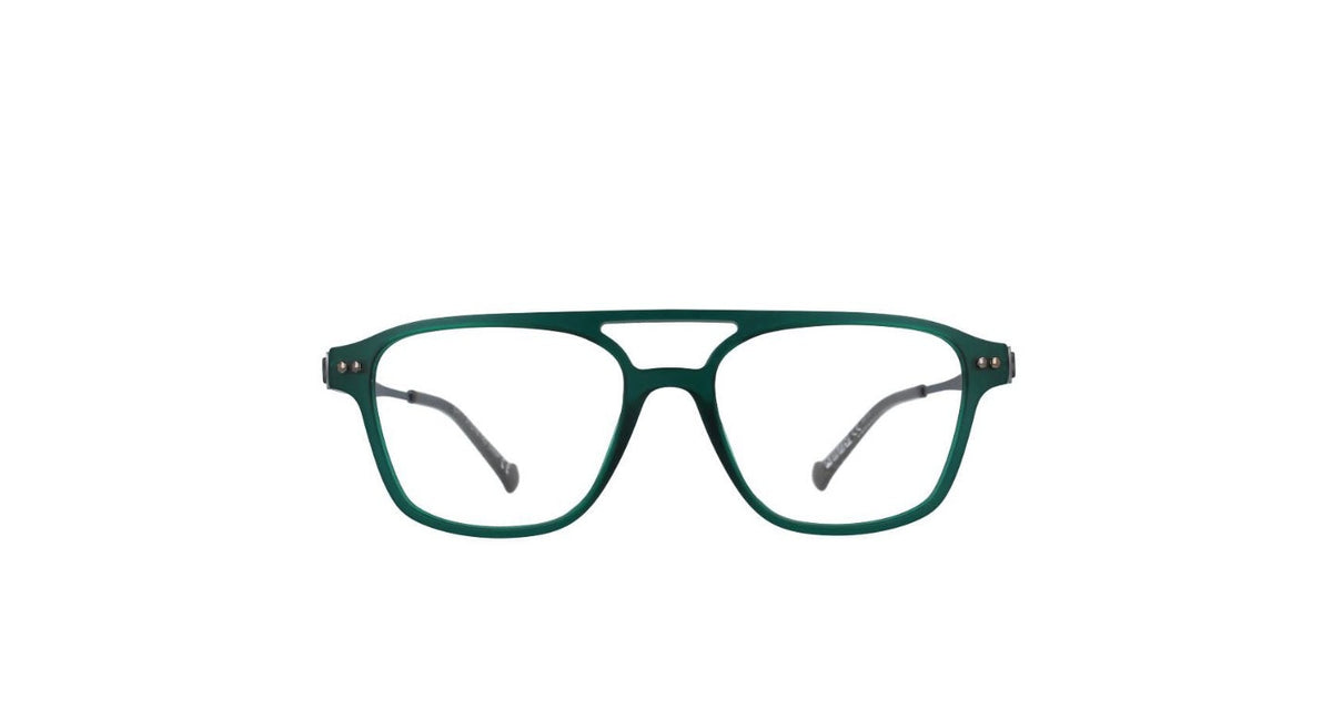 A pair of square-frame eyeglasses with a translucent dark green acetate frame and clear lenses, shown against a plain white background.