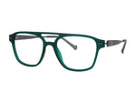 A pair of square-framed eyeglasses with a translucent dark green acetate front and matte gray temples, shown on a plain white background.