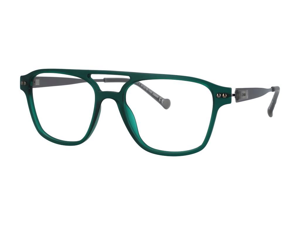 A pair of square-framed eyeglasses with a translucent dark green acetate front and matte gray temples, shown on a plain white background.