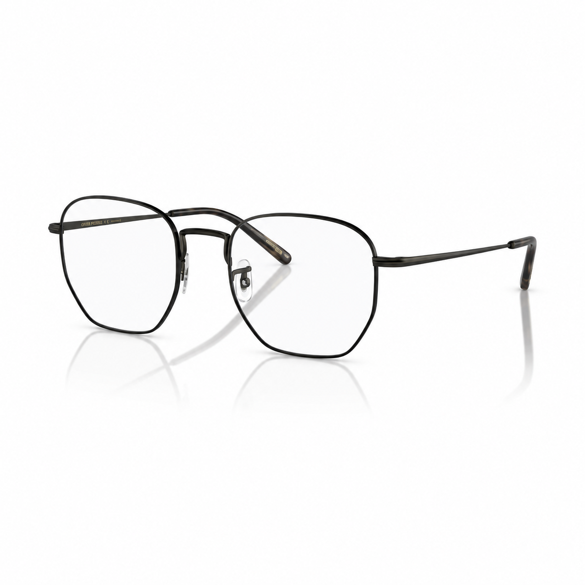 Side angle of black framed eyeglasses on a white background. 