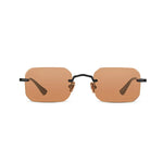 Sunglasses with a tan frame and dark lenses on a white background