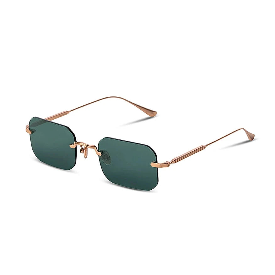 Rimless square sunglasses with dark green lenses and a thin rose gold metal frame, shown on a clean white background.