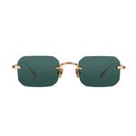 Rimless square sunglasses with dark green lenses and a thin rose gold metal frame, shown against a plain white background.