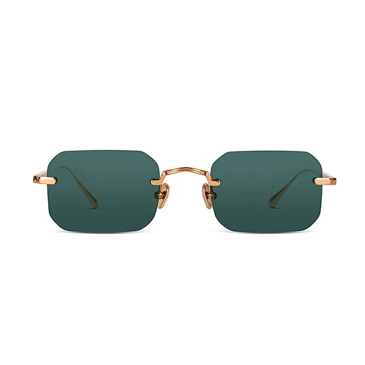 Rimless square sunglasses with dark green lenses and a thin rose gold metal frame, shown against a plain white background.