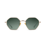 Hexagonal sunglasses with dark green lenses and a thin gold metal frame, shown against a plain white background.