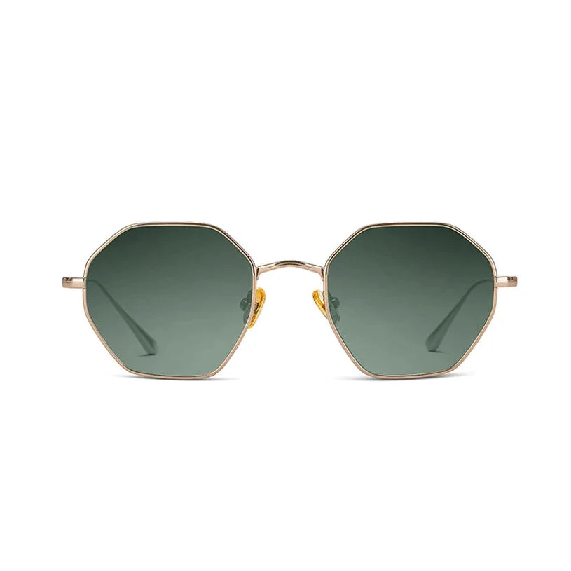 Hexagonal sunglasses with dark green lenses and a thin gold metal frame, shown against a plain white background.