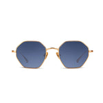 Front angle of hexagonal sunglasses with blue lenses on a white background. 
