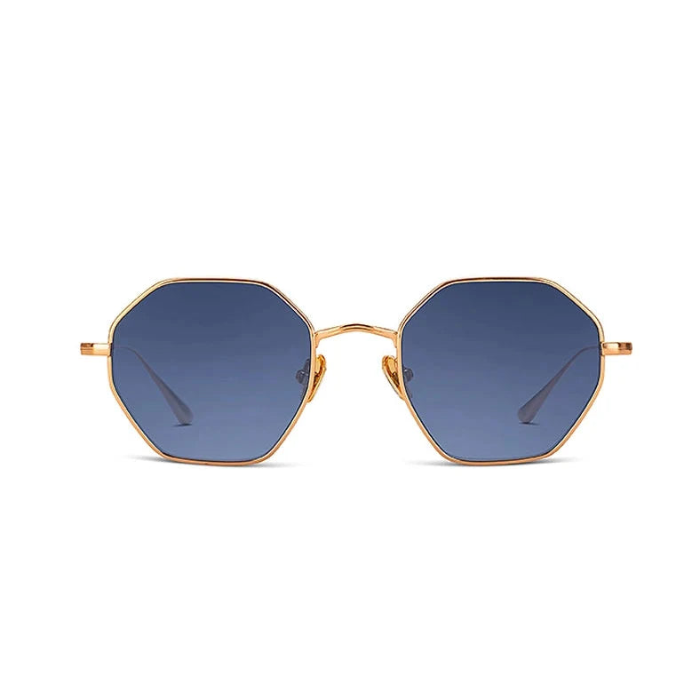 Front angle of hexagonal sunglasses with blue lenses on a white background. 