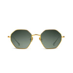 Front angle of gold sunglasses with dark lenses on a white background. 