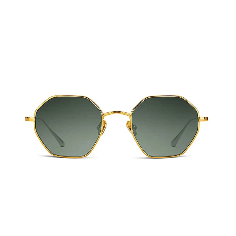 Front angle of gold sunglasses with dark lenses on a white background. 