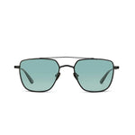 Matte black sunglasses with blue lenses on a white background. 