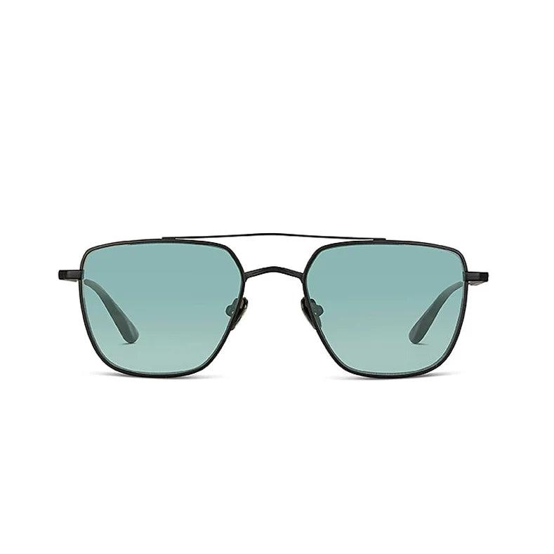 Matte black sunglasses with blue lenses on a white background. 