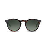 Round sunglasses with tortoise frame and green lenses on a white background. 