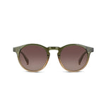 Round sunglasses with translucent olive green acetate frames and brown gradient lenses, shown against a plain white background.