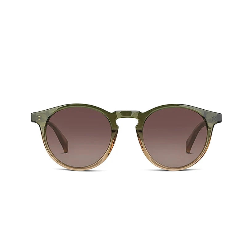 Round sunglasses with translucent olive green acetate frames and brown gradient lenses, shown against a plain white background.