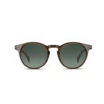 Round sunglasses with a translucent olive acetate frame and dark green gradient lenses, shown from the front on a plain white background.
