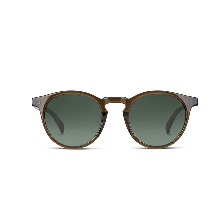 Round sunglasses with a translucent olive acetate frame and dark green gradient lenses, shown from the front on a plain white background.