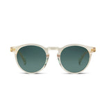 Round sunglasses with translucent off-white frames and dark green lenses, shown against a plain white background.