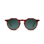 Front angle of dark havana frames with green lenses on a white background.