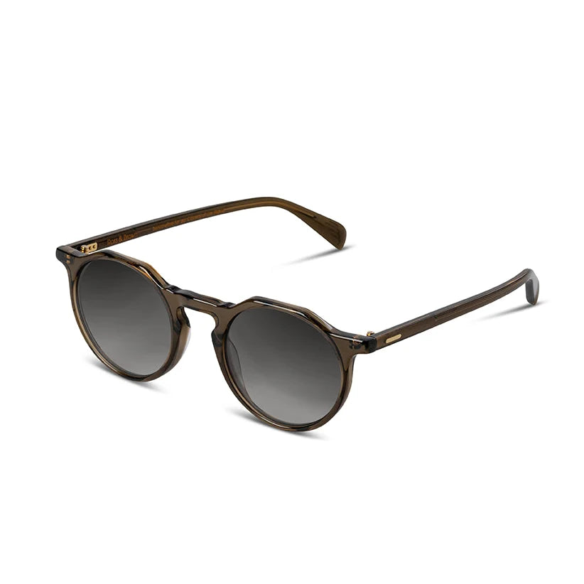 Side angle of olive colored sunglasses with gradient grey lenses on a white background.