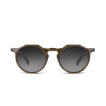Round sunglasses with a translucent olive acetate frame and dark gray gradient lenses, shown against a plain white background.
