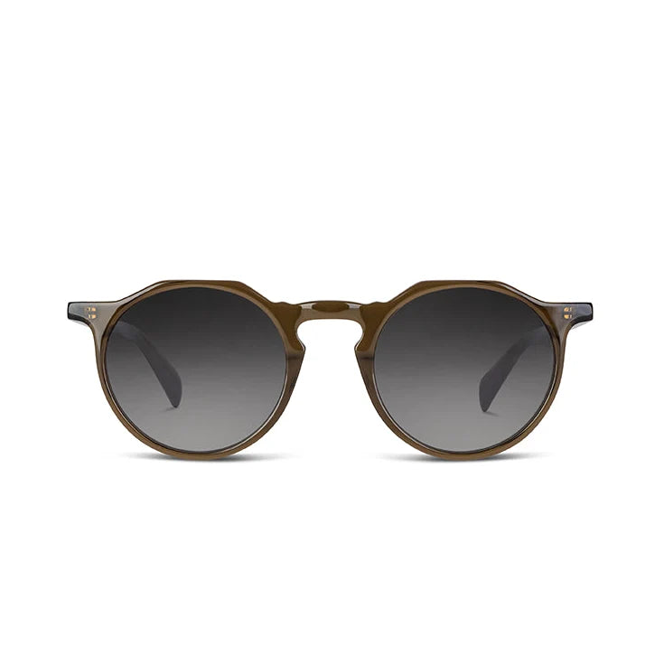 Round sunglasses with a translucent olive acetate frame and dark gray gradient lenses, shown against a plain white background.