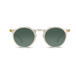 Round sunglasses with dark lenses on a white background.