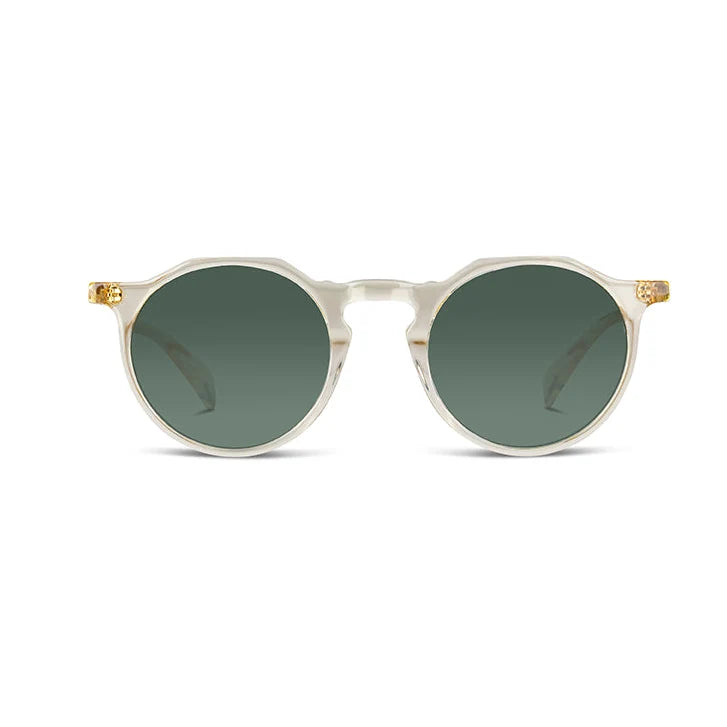 Round sunglasses with dark lenses on a white background.