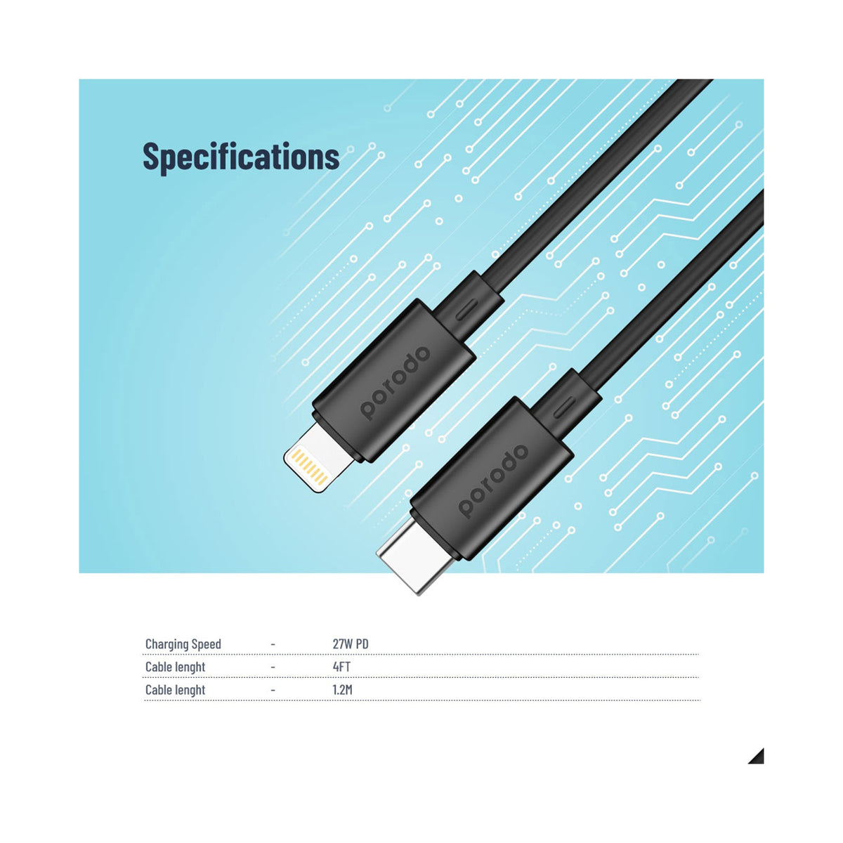 Porodo Blue 20W PD Type C to Lightning PVC Cable 1.2M