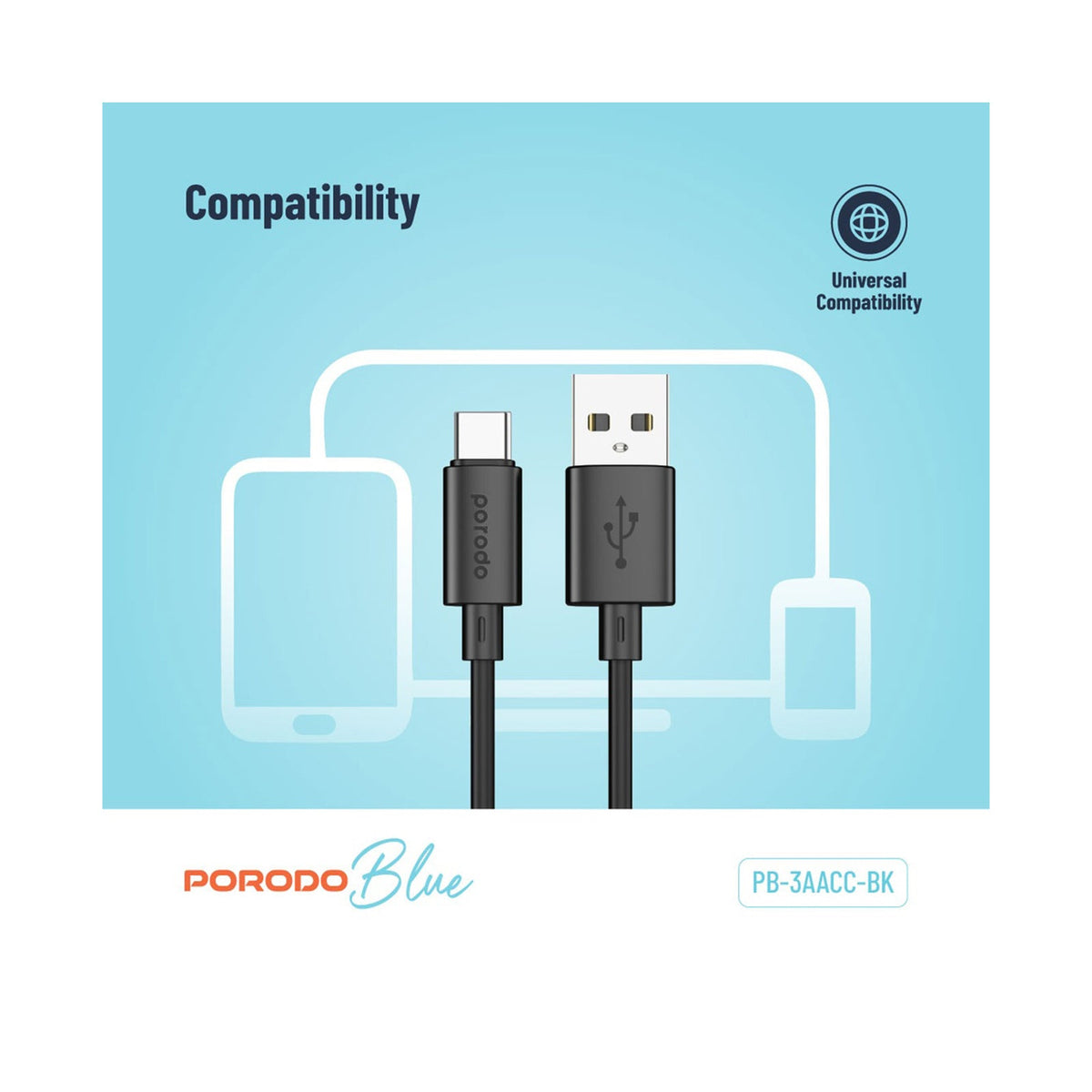 Porodo Blue 3A PD USB A to Type C PVC Cable 1.2M - Black