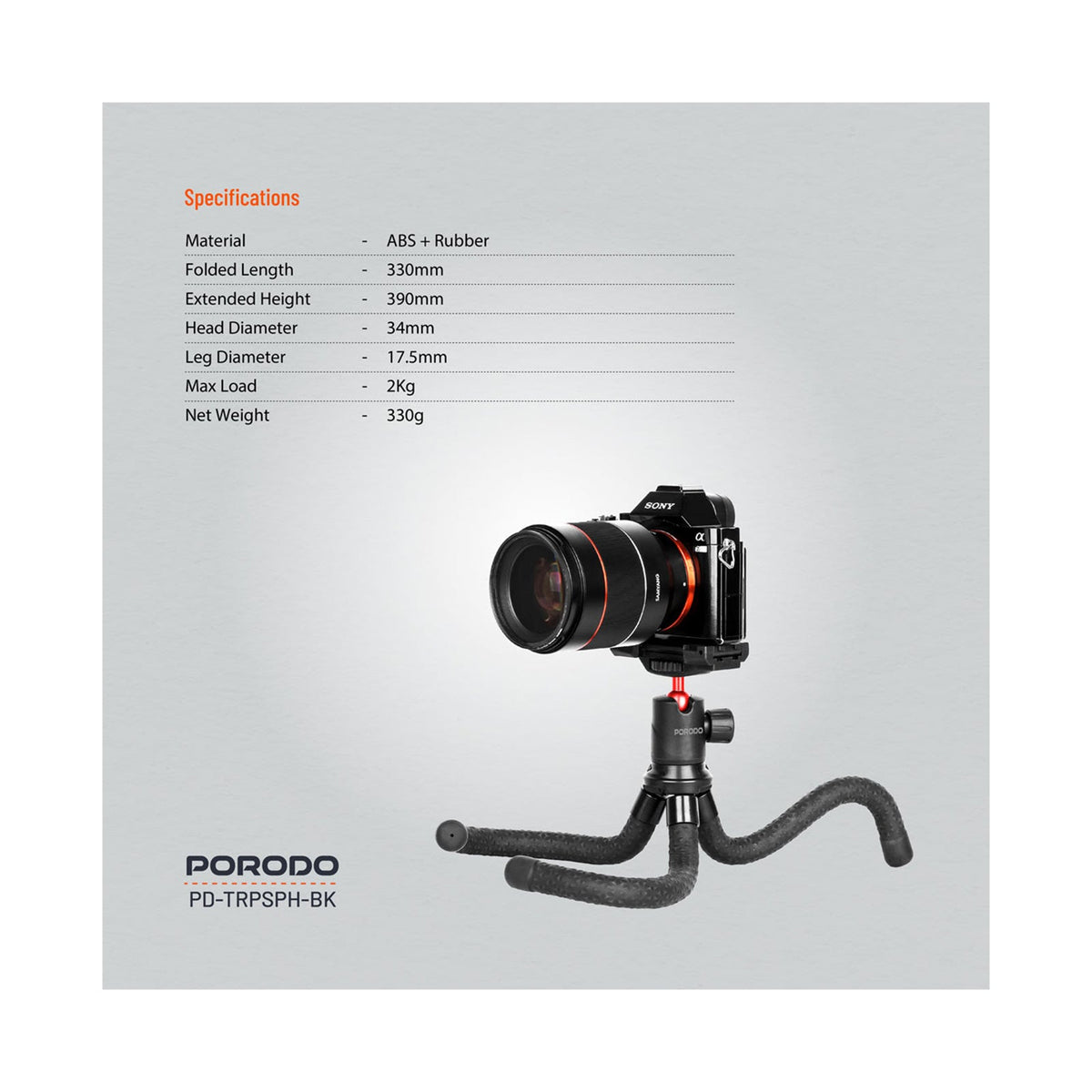 Porodo Flexible Foldable Extendable Tripod with Phone Holder