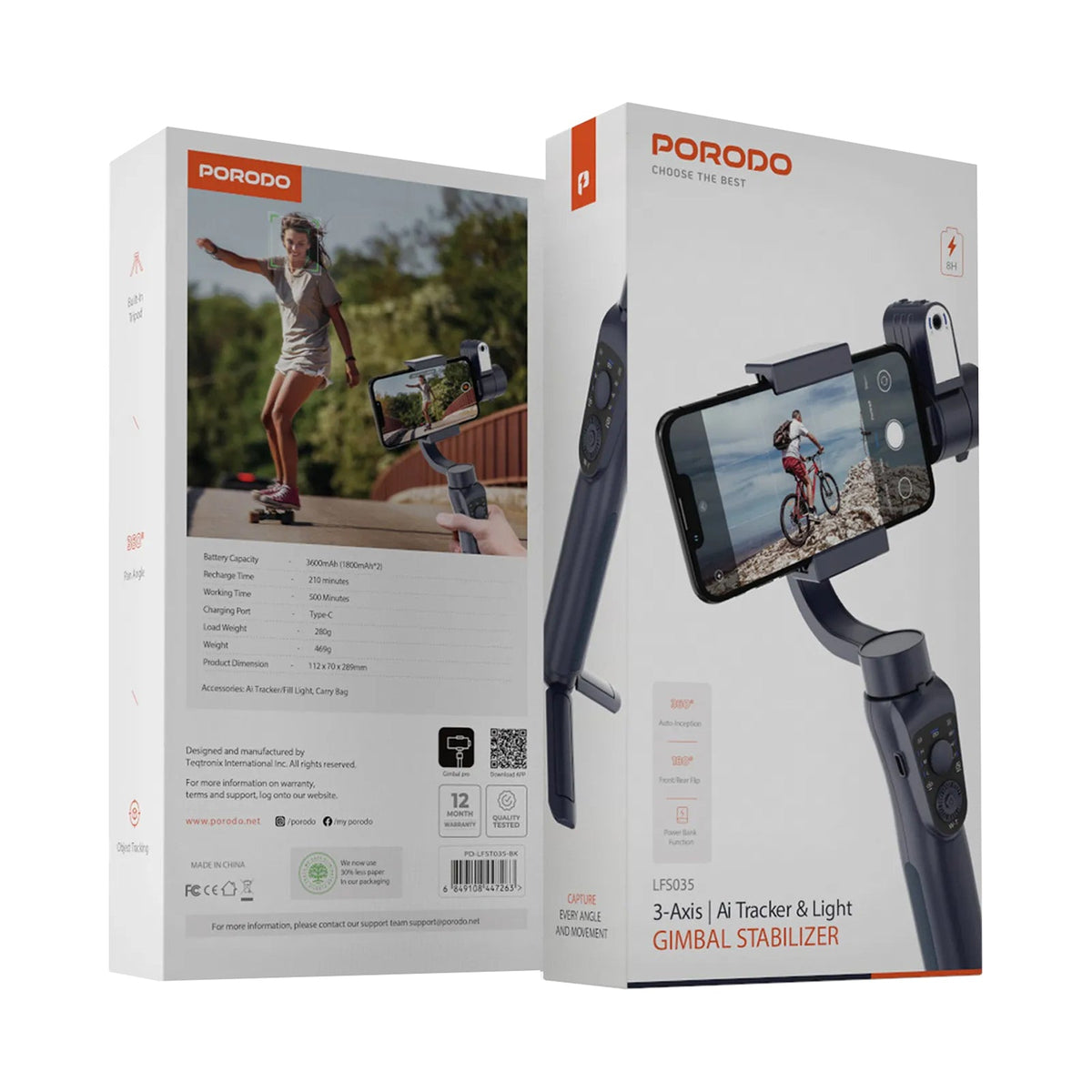 PORODO Anti-Shake Gimbal With AI Tracker - Black