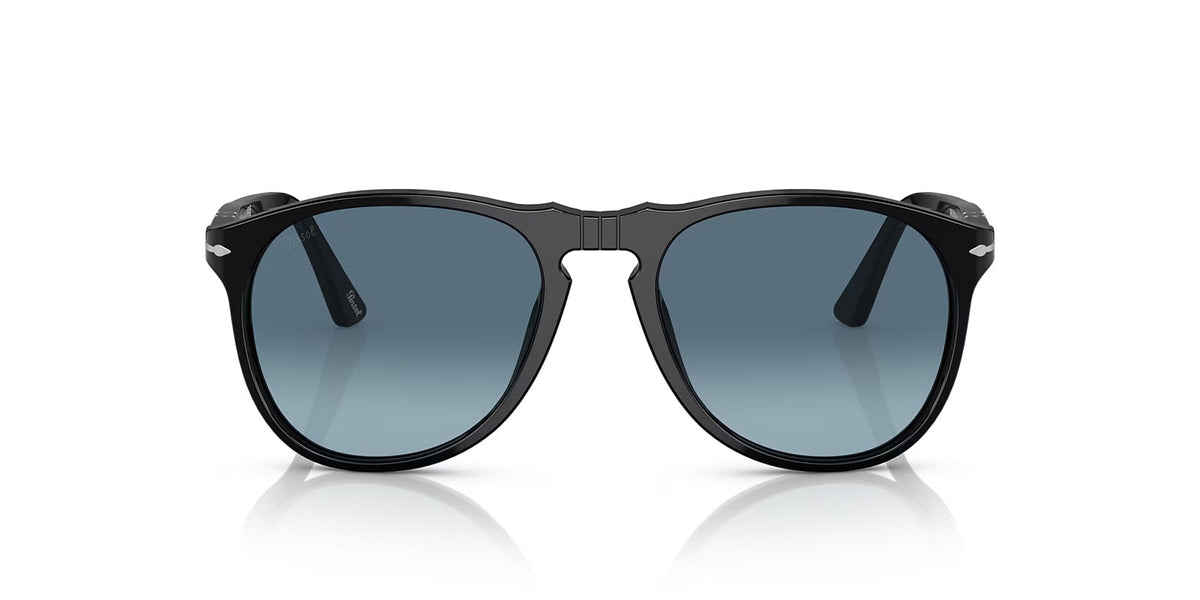 Black sunglasses with blue gradient lenses on a white background