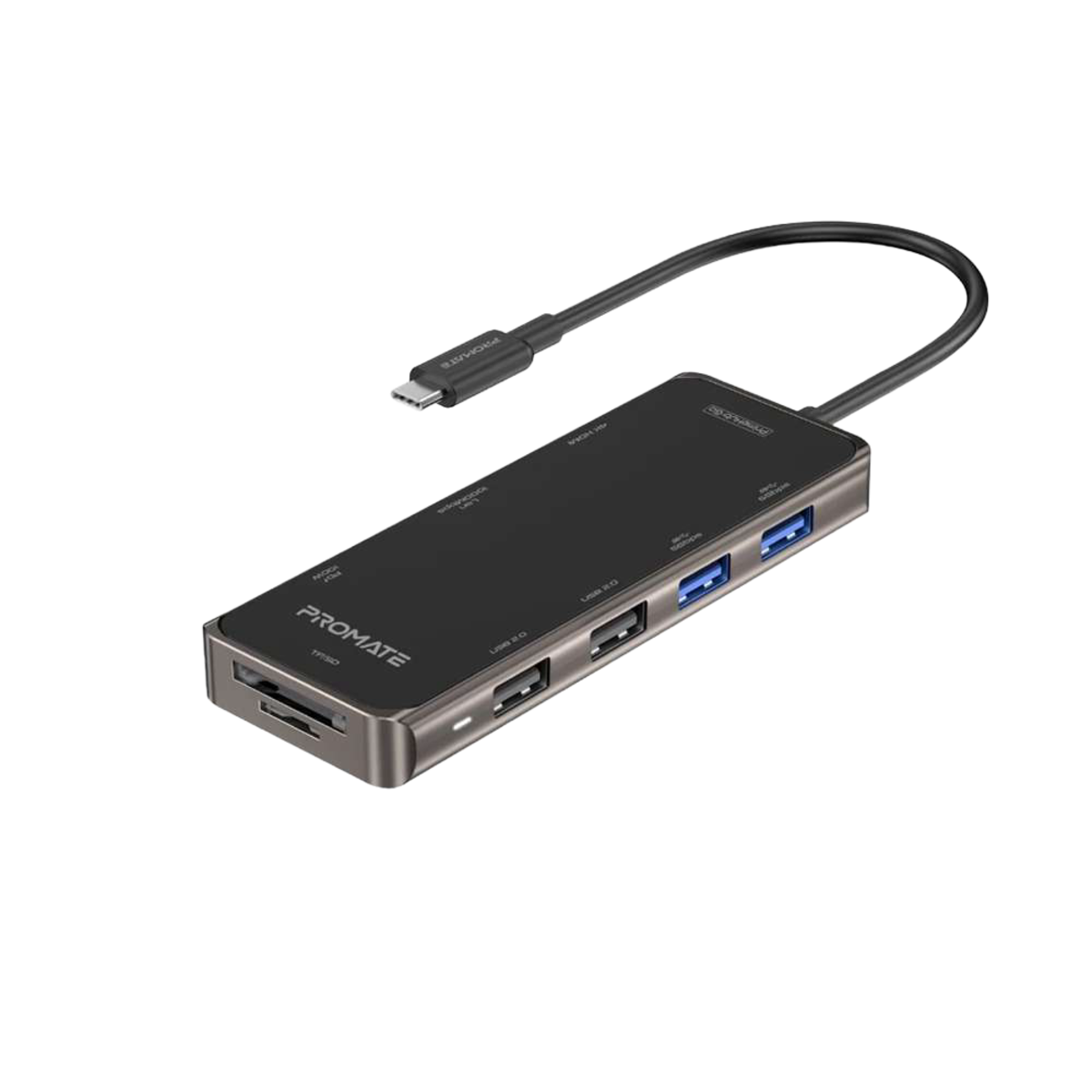 Promate (PrimeHub-Go) 9-in-1 USB-C Compact Multiport Expansion Hub with 100W PD+HDMI+SD+LAN - Black