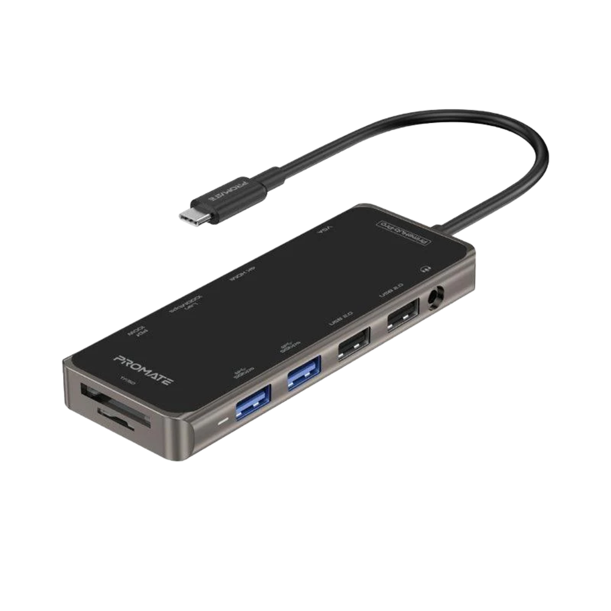 Promate (PrimeHub-Pro) 11in1 USB-C Ultra-Fast Expansion Hub with 100W PD+VGA+HDMI+SD - Black
