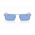Sunglasses with blue lenses and silver frame on a white background