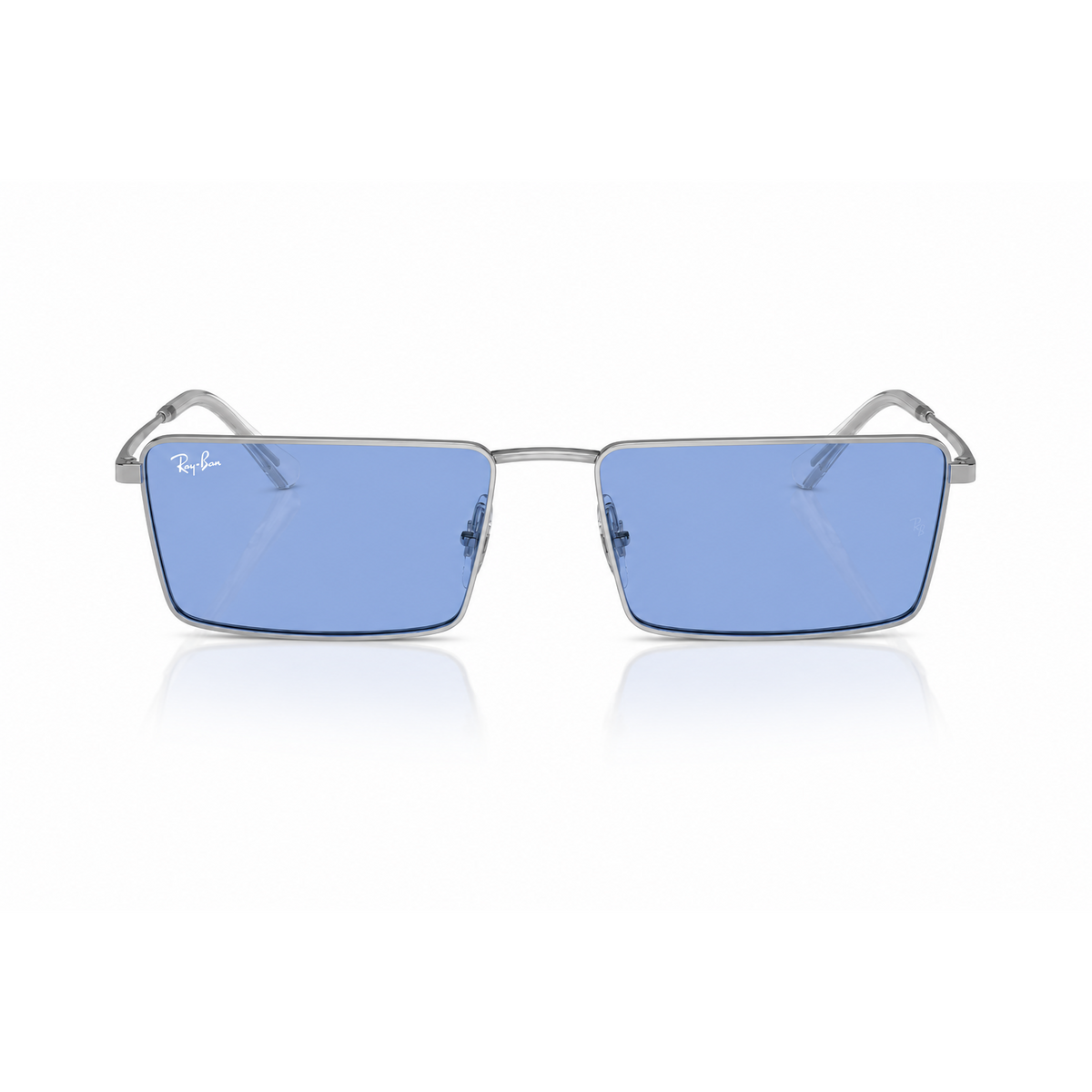 Sunglasses with blue lenses and silver frame on a white background