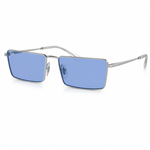 Sunglasses with blue lenses and silver frames on a white background