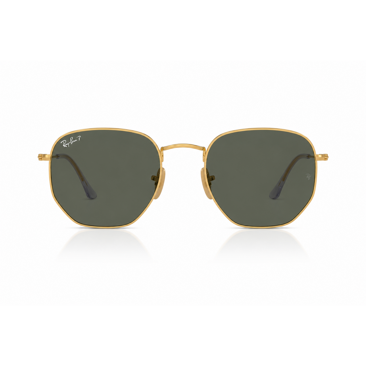 Gold polarized sunglasses with dark lenses on a white background