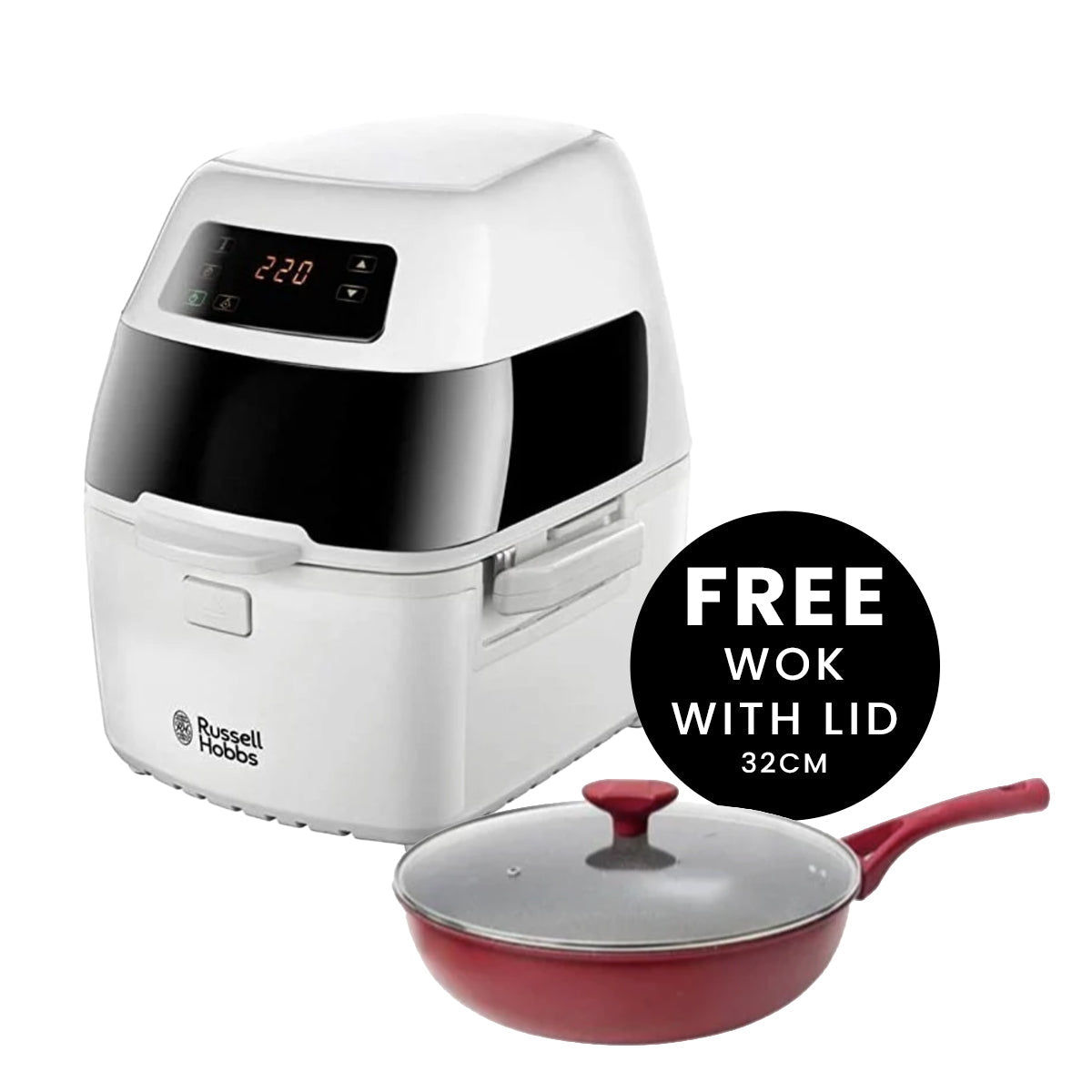 Russell Hobbs Air Fryer with Cooking Functionality Cyclofry plus, White + Free Betty Crocker Wok Pan BC2042