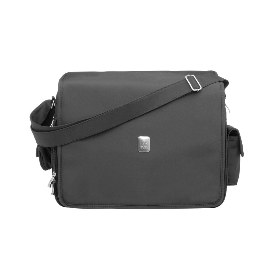 Black Ryco Deluxe Messenger Diaper Bag with adjustable strap and internal organizational pockets.