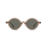 Oval sunglasses with translucent champagne colored frames and dark green lenses, shown against a plain white background.