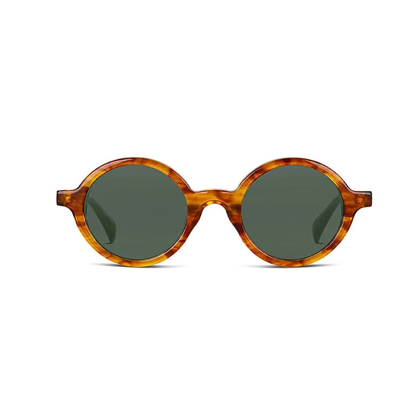 Brown tortoise frame with dark lenses on a white background. 