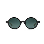 Round black sunglasses with dark green lenses, shown from the front on a solid white background.