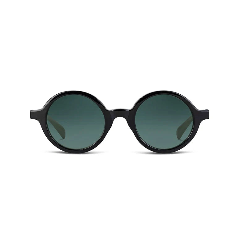 Round black sunglasses with dark green lenses, shown from the front on a solid white background.