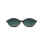 Oval sunglasses with a thick black frame and dark green tinted lenses, shown against a plain white background.