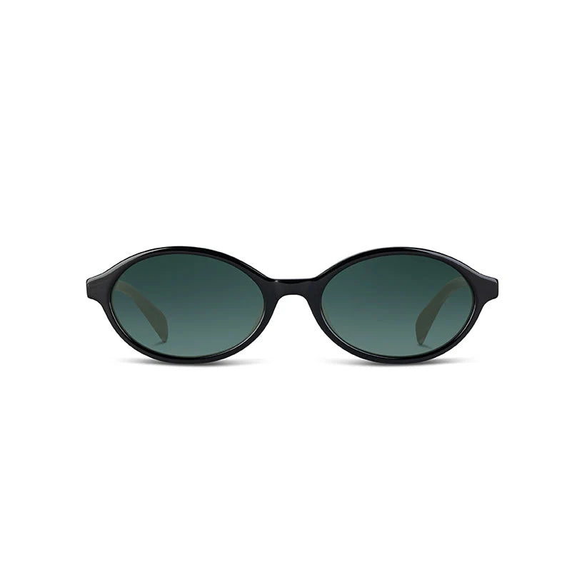 Oval sunglasses with a thick black frame and dark green tinted lenses, shown against a plain white background.