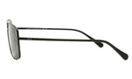 Side angle of matte black sunglasses on a white background.