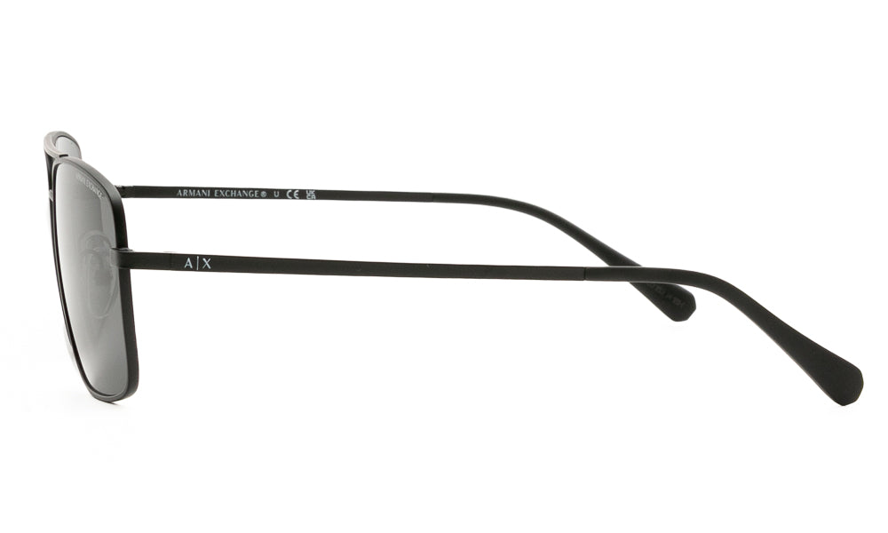 Side angle of matte black sunglasses on a white background.
