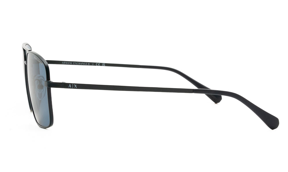 Side angle of sunglasses with blue lenses on white background. 